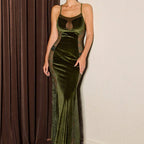 Sexy Backless Green Lace Velvet Spaghetti Straps Dress Elegant Slim Fit Fishtail Dress Sexy Lingerie Alishow