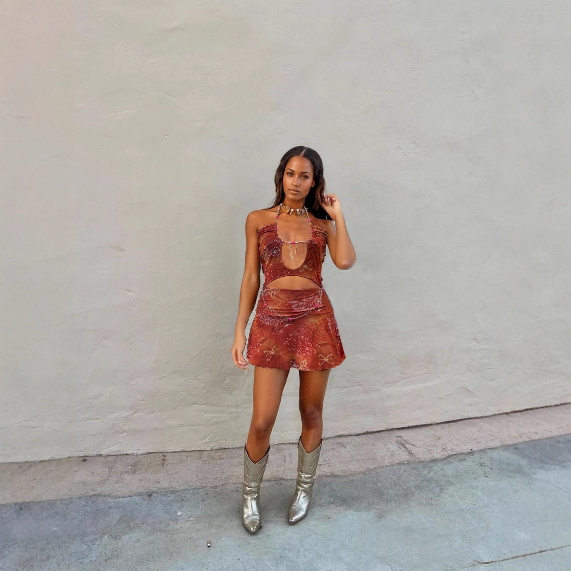 Summer Sexy Contrast Color Backless Bare Cropped Chain Hollow Out Cutout out Stitching Dress Eedele