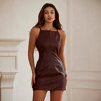Women Clothing Sexy Faux Leather Sling Dress Solid Color Sleeveless Waist Hip Wrapped Dress SaturdayNight