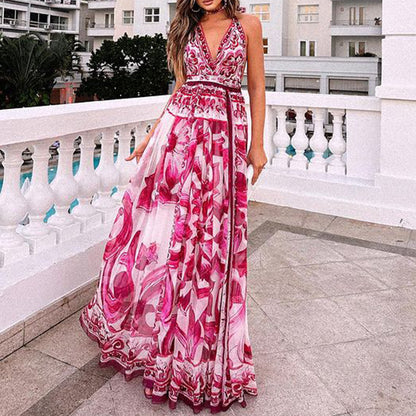 Summer Women Sexy Print Halter Mid Length Dress