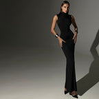 Women Half Turtleneck Sleeveless Dress Solid Color Slim Fishtail Dress Women Summer LaceCH