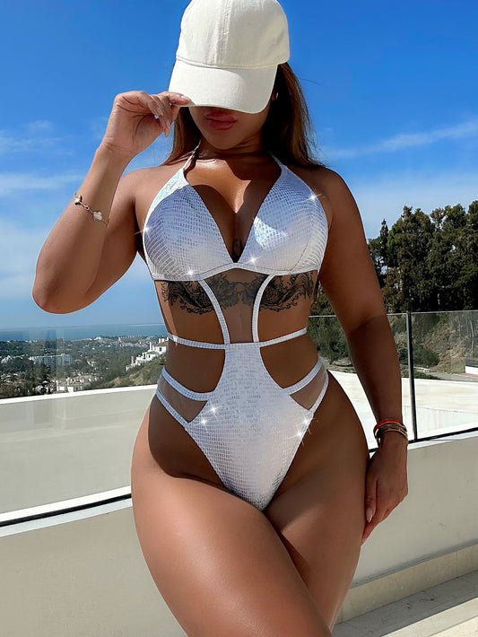 Traje de baño dividido para mujer, tela brillante, bikini sexy de una pieza