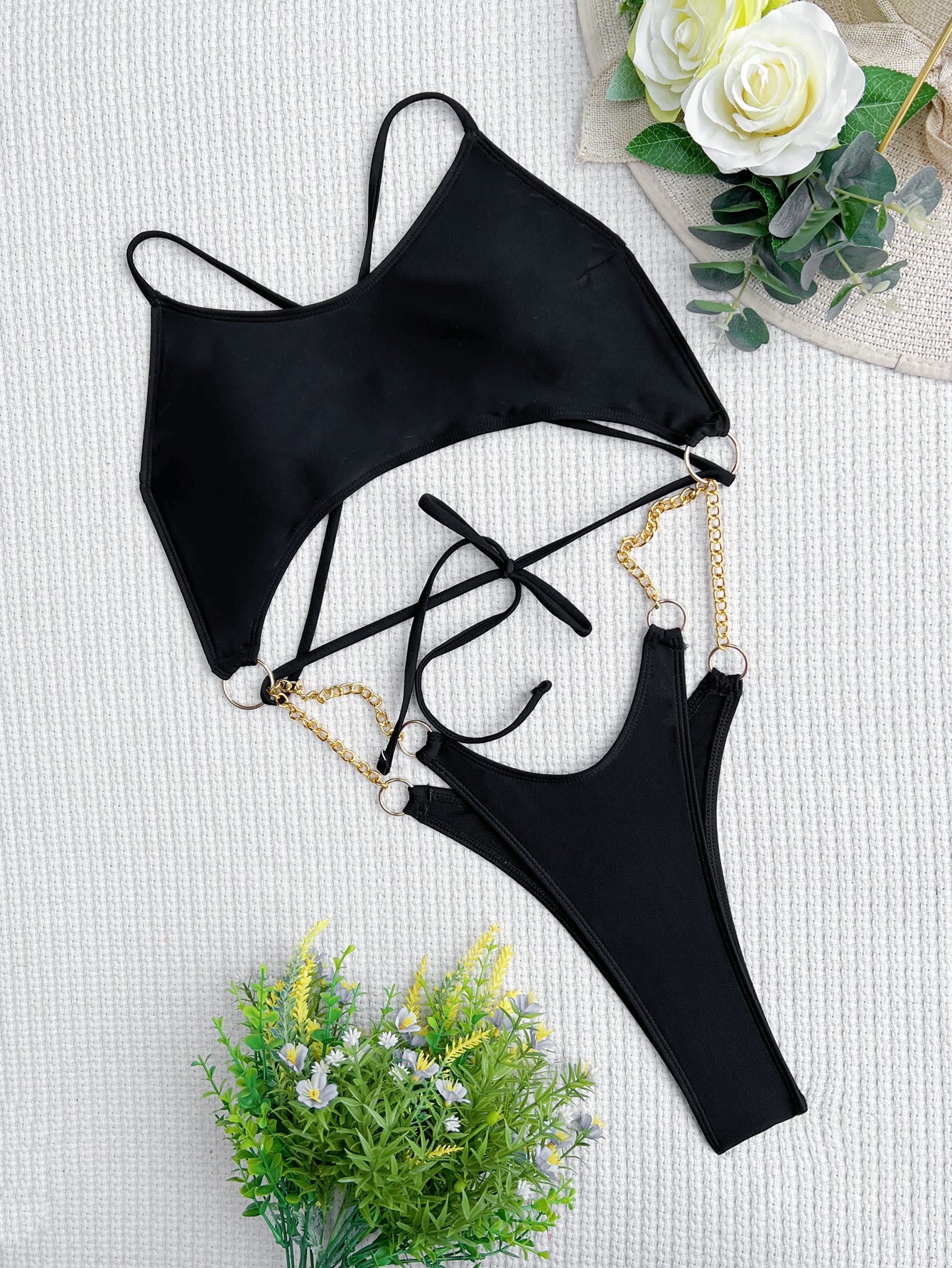 Maillot de bain une pièce double pour femme, bikini à bandes, dos nu, couleur unie
