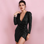 Robe de printemps pour femme, col en V, manches longues, irrégulière, asymétrique, à la mode, sequins