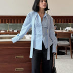 Women Clothing Striped Collared Shirt Women Waist Controlled Long Sleeves Lace up Cardigan Shirt Top Kigali