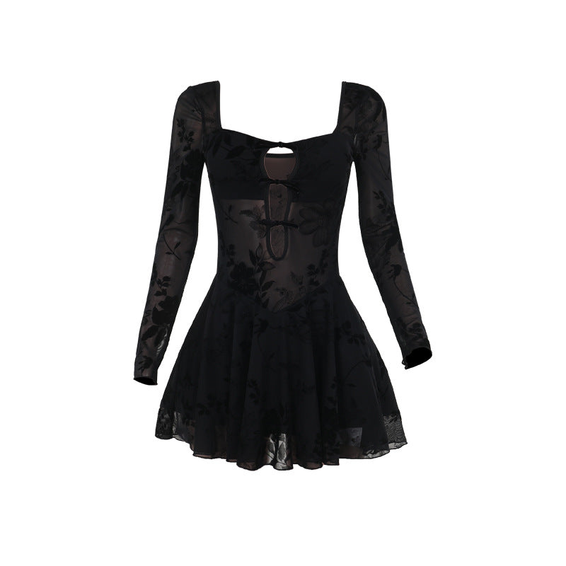 Sexy See through Hollow Out Cutout Flocking Women Sexy Slim Hip Dress