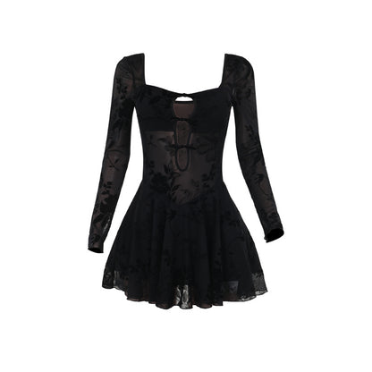 Sexy See through Hollow Out Cutout Flocking Women Sexy Slim Hip Dress