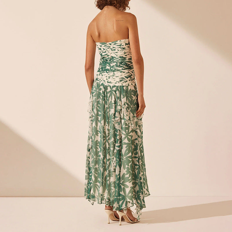 Artistic Retro Printed Tube Top Dress Dignified Sense of Design Pleated Long Mesh Dress Women Ory
