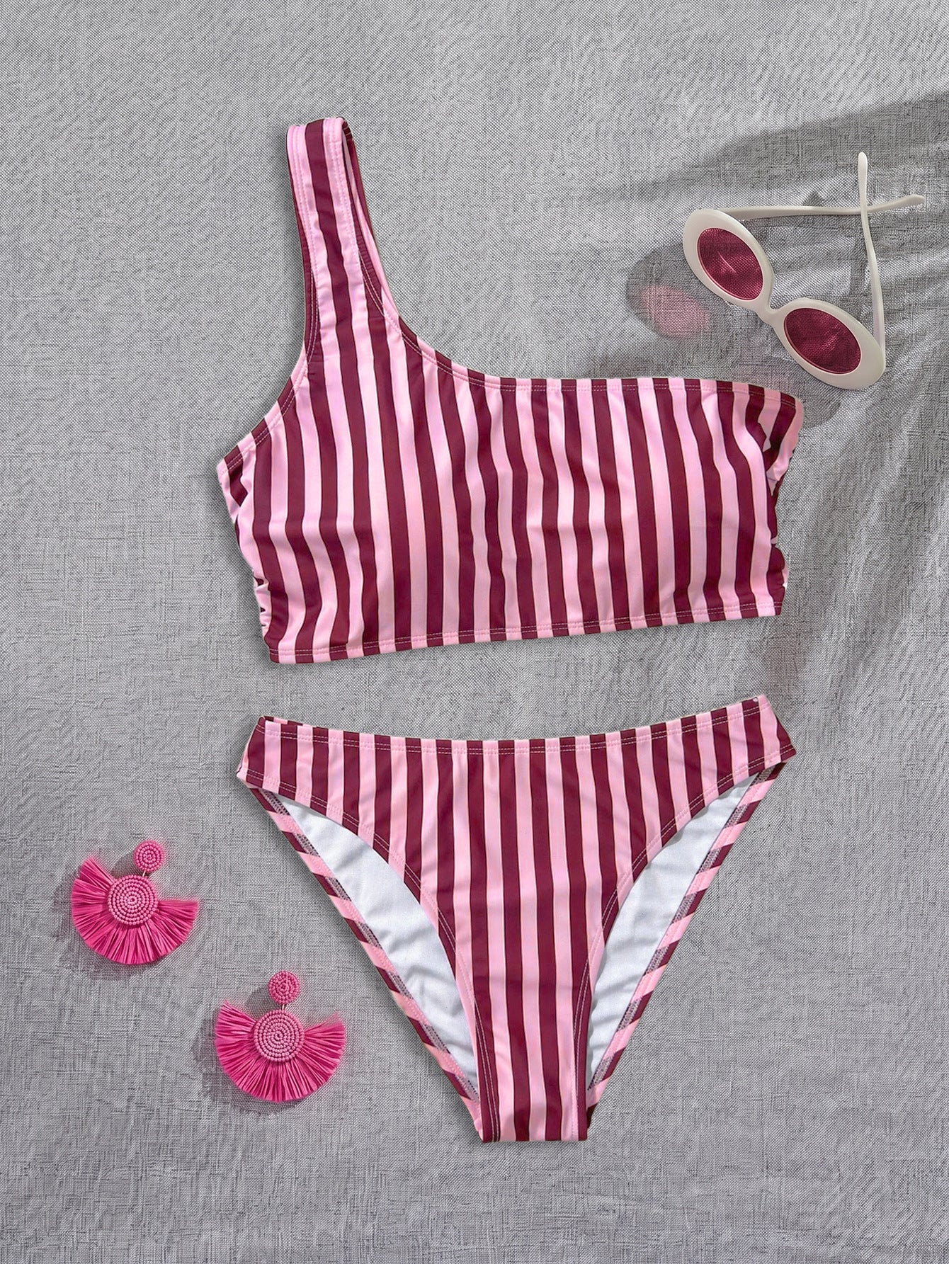 Bikini Pink Striped One Shoulder Tube Top Bikini Sexy Backless Low Waist Split Swimsuit WithWind