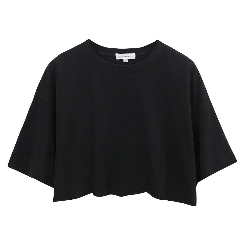 Sexy Short Sleeved T shirt Women Summer Pure Cotton Solid Color Short Cropped round Neck Sports Top JilSung