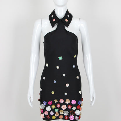 Spring Sexy Handmade Floral Halter Bandage One Piece Dress Short Bandage Dress for Women