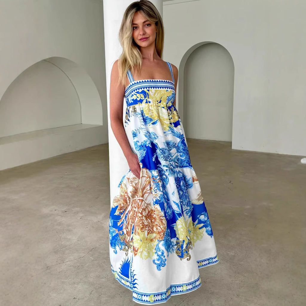 Summer Vacation Long Positioning Printing Slip Dress XUYUN