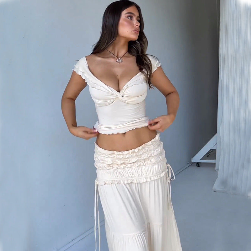 Ensemble jupe et débardeur court sexy à décolleté plongeant pour femme, style été.