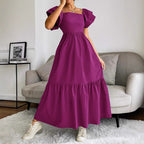 Women Clothing Ruffled A line Dress off Neck Flying Sleeves Solid Color Long Dress DREAMCHIN