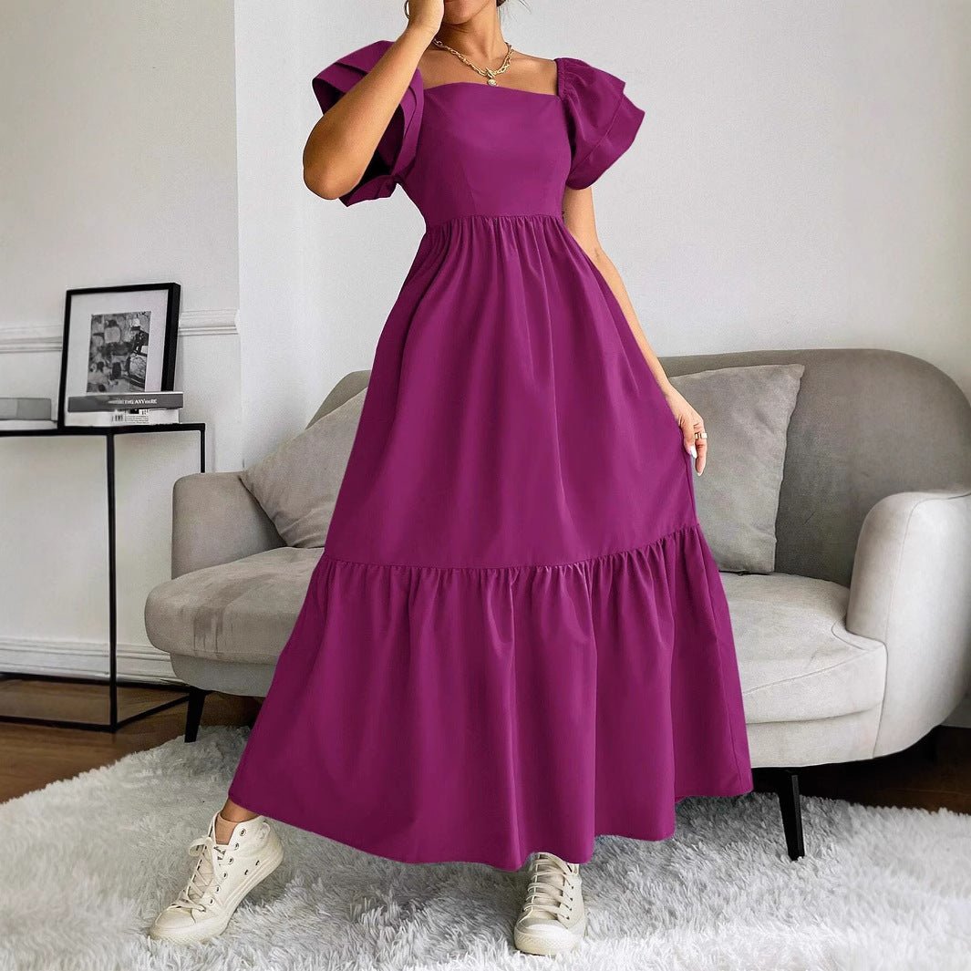 Women Clothing Ruffled A line Dress off Neck Flying Sleeves Solid Color Long Dress DREAMCHIN