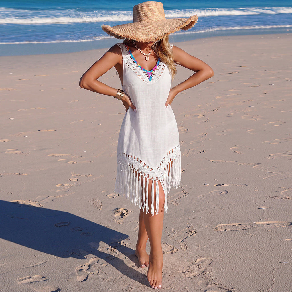 Holiday Stitching Color Crochet Tassel V neck Pullover Hollow Out Cutout out See through Beach Beach Cover Up Dress Tidee