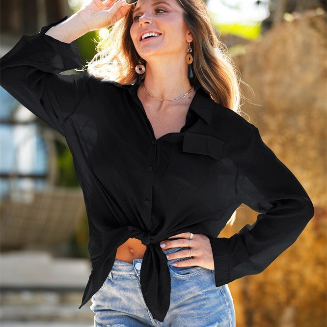Women Clothing Knitted Crepe Button Shirt Sun Proof Clothing Bikini Swimsuit Beach Cover up Oyimi
