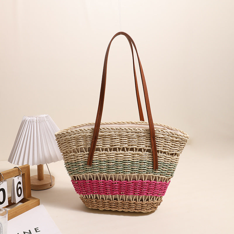 Colorful Striped Shoulder Straw Bag Large Capacity Straw Bag Woven Bag Rattan Women Bag Portable Vegetable Basket EaseWoven