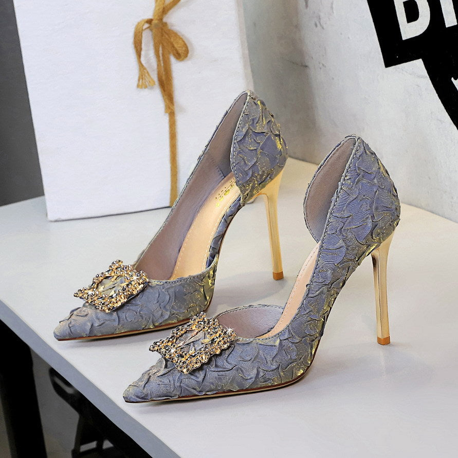 French Rhinestone Square Buckle Side Hollow Out Cutout Slip on Super High Heel Satin Gentle Elegant Stiletto Wedding Shoes ForestFootwear