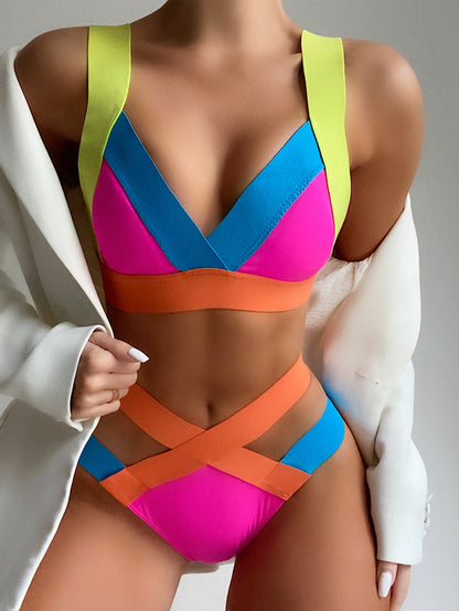 Bikini Bandage de Color Sexy con Alta Elasticidad y Bolso de Triángulo en Contraste de Color