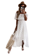 Bohemian Lace Dress White Beach Dress Tube Top off-Shoulder Sexy Dress for Women Eyelet Embroidery FilyDo