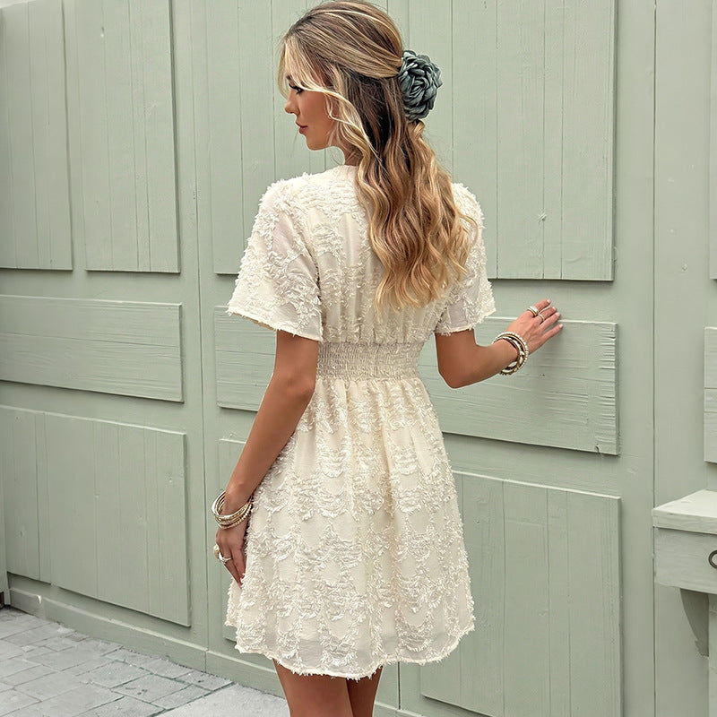 Gentle Girl Solid Color Jacquard V neck Waist Trimming Short Dress HUNDRED