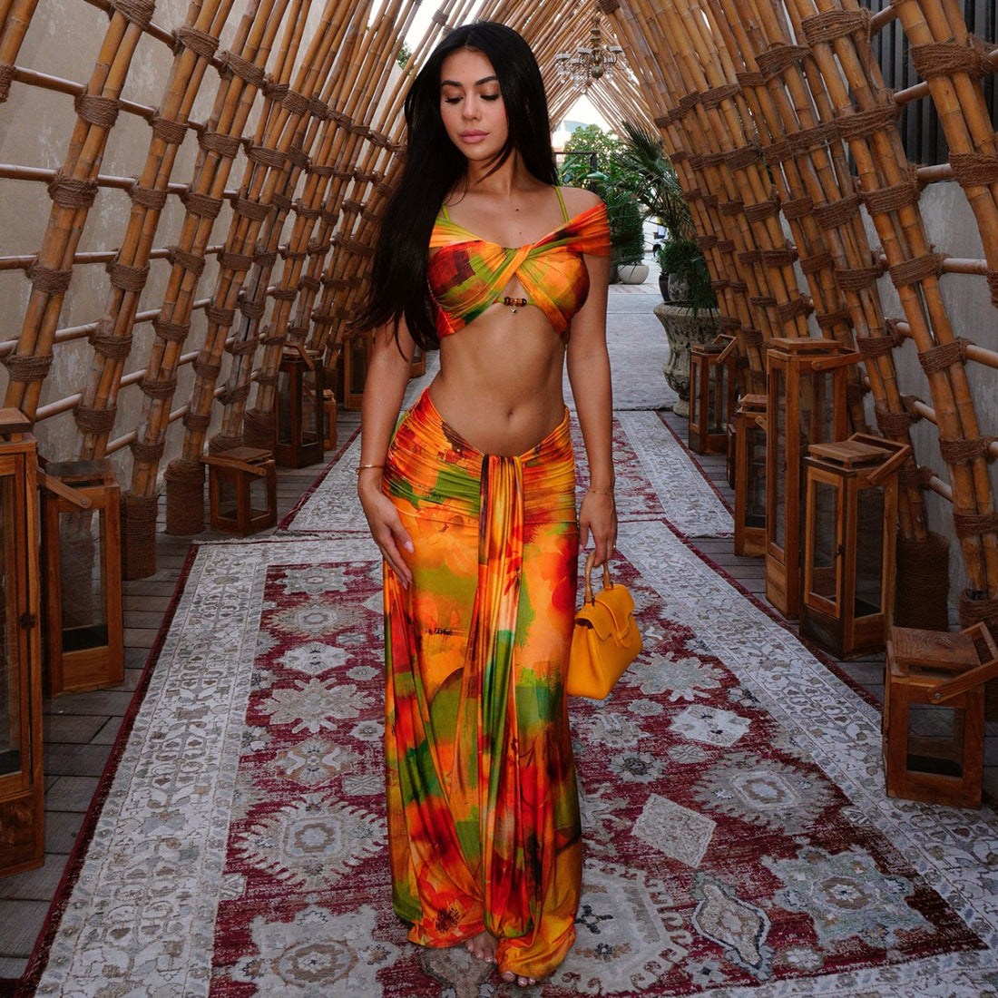 Women Spring Clothing Pattern Print Sexy Drop Shoulder Hollow Out Cutout Low Waist Cropped Skirt Set Dores