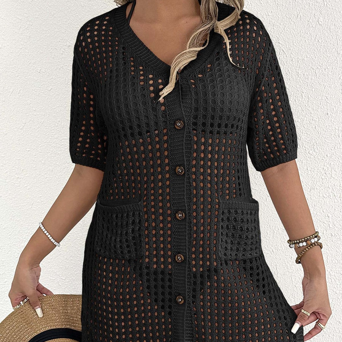 Women Clothing Sexy Cutout Beach Beach Cover Up Button Cardigan Double Pocket Vacation Overclothes