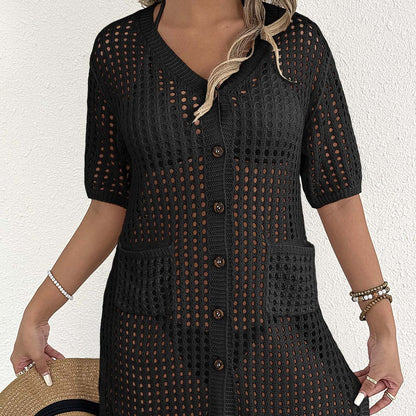 Women Clothing Sexy Cutout Beach Beach Cover Up Button Cardigan Double Pocket Vacation Overclothes