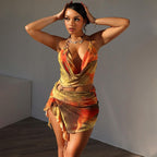 Women Clothing Summer Printing Sexy Backless Lace up Dress