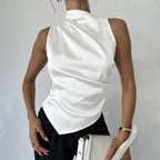 Summer Women Clothing Summer Satin Shirt Women Simple Sleeveless Satin Artificial Silk Shirt Top