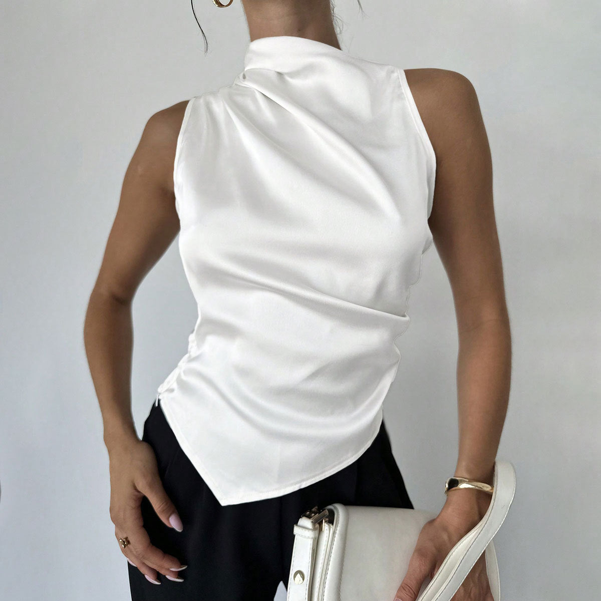 Summer Women Clothing Summer Satin Shirt Women Simple Sleeveless Satin Artificial Silk Shirt Top