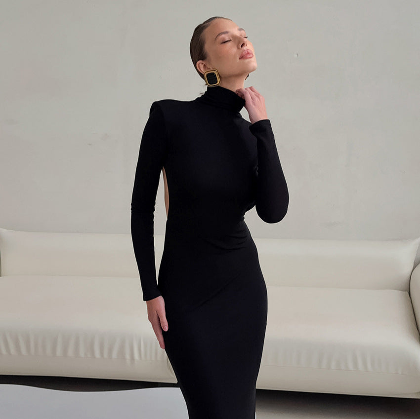 Spring Elegant Black Sexy Backless Knitted Slim Fit Long Sleeved Turtleneck Dress for Women FOREVEREIGHTEEN