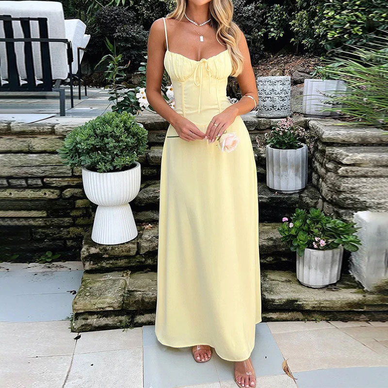 Spring Women Clothing Elegant Lace up A line Solid Color Sling Dress HHS