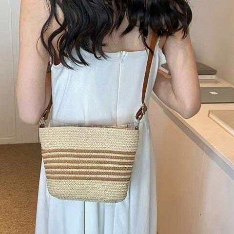 Bolso de paja a rayas, bolso de paja sencillo y fresco, bolso tejido, bolso de playa para vacaciones, bolso de mujer 