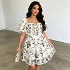 Puff Sleeve Peach Collar Tight Waist Slimming Retro Printed Short Dress Ory