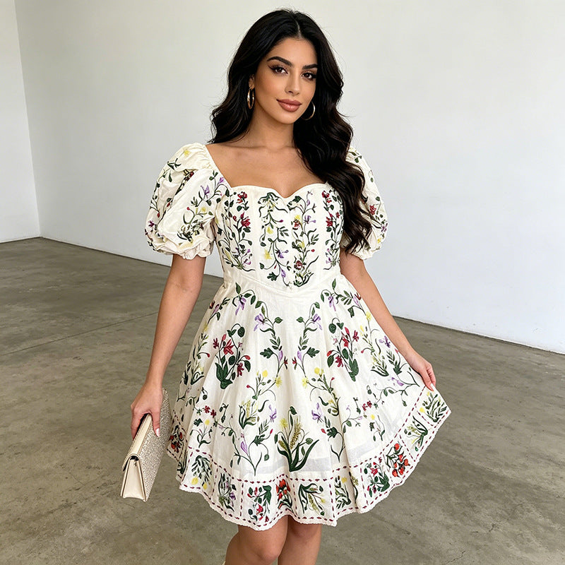 Puff Sleeve Peach Collar Tight Waist Slimming Retro Printed Short Dress Ory