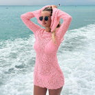 Women Clothing Summer Beach Triangle Cup Swimming Trunks Lace Long Sleeve Dress Three Piece Set HONEYBADGER
