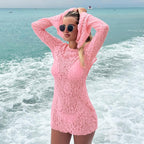 Women Clothing Summer Beach Triangle Cup Swimming Trunks Lace Long Sleeve Dress Three Piece Set HONEYBADGER
