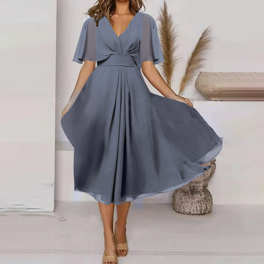 Summer Solid Color V Neck Waist Trimming Casual Swing Dress KAIXUAN