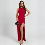 Women Clothing Summer Suspender off Neck Pleated Side Slit Elegant Dress Bailess
