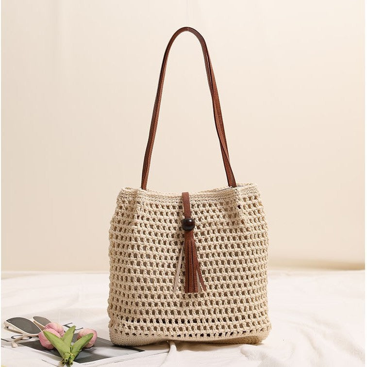 Bolso de hombro plisado tejido con hilo de algodón, bolso de paja con borlas, bolso de playa para vacaciones, bolso para mujer 