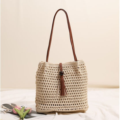 Pleated Shoulder Cotton Thread Woven Bag Tassel Straw Bag Vacation Beach Bag Women Bag