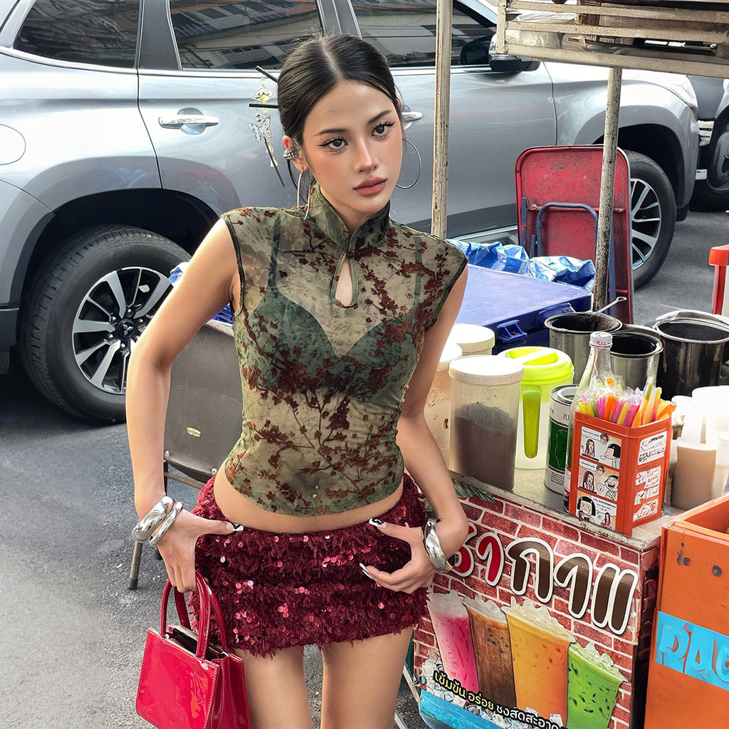 Spring Women Clothing Printed Slim Mandarin Collar Personality See through Sleeveless Waist-Controlled Top YIMAIL