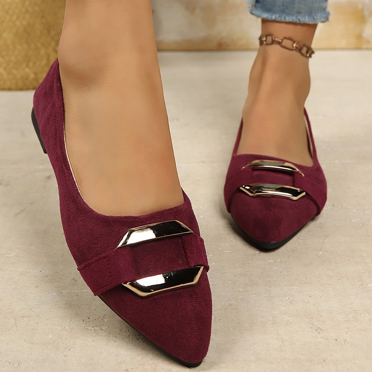 Shallow Mouth Suede Metal Buckle Flat Pumps Women Soft Bottom Office Work Gommino ZUIMEI