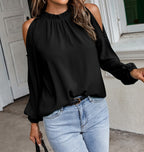 Blusa plisada de manga larga con cuello redondo y hombros descubiertos para mujer, color liso, con hojas de loto, para otoño e invierno