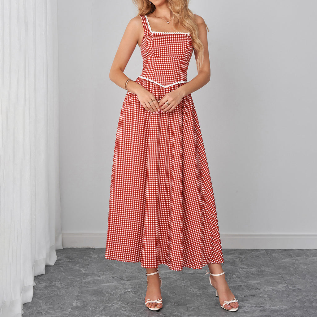 Summer Lace Splicing Sling Dress Sexy Backless Waist Trimming Smocking Pleated Dress SUNSHINE