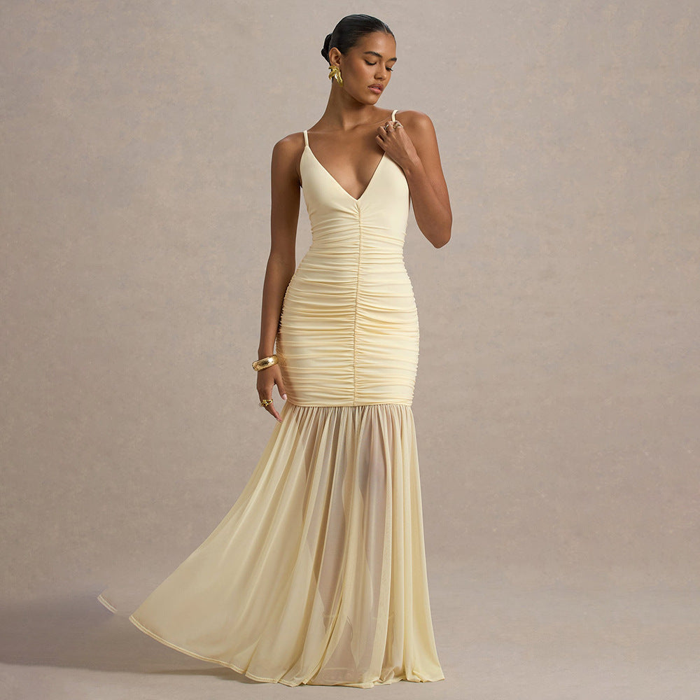Elegant Straps Tulle Dress Sexy Deep V Plunge Pleated Stitched Backless Maxi Dress JULISSA