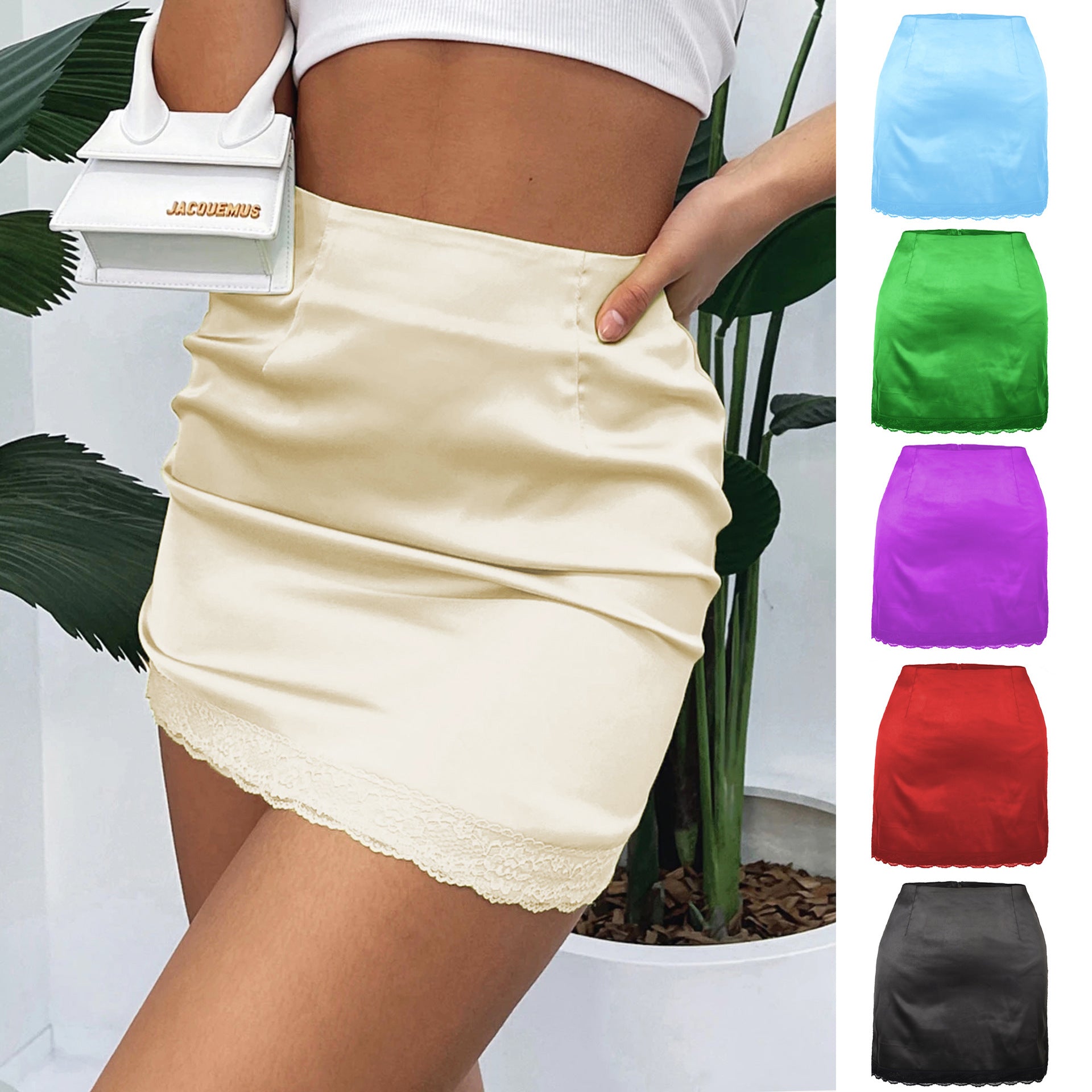 Women Clothing High Waist Sheath Solid Skirt Women Spring Summer Elastic Satin Lace Sexy Skirt BRINGITON