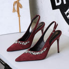 Cocktail High Heels Stiletto Heel Pointed Toe Rhinestone Shallow Mouth Suede Back Empty Back Strap Super High Heel Shoes ForestFootwear